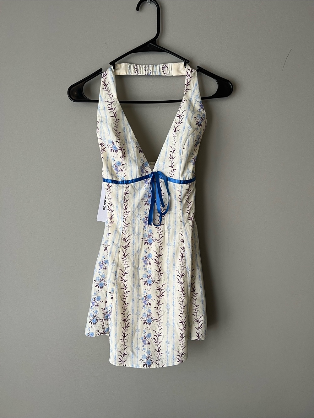 Princess Polly Cream Floral Halter Mini Dress with Blue Waist Tie